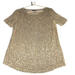 Studio Y Womens Gold Sequin Short Sleeve Blouse Crew Neck Party Top XS